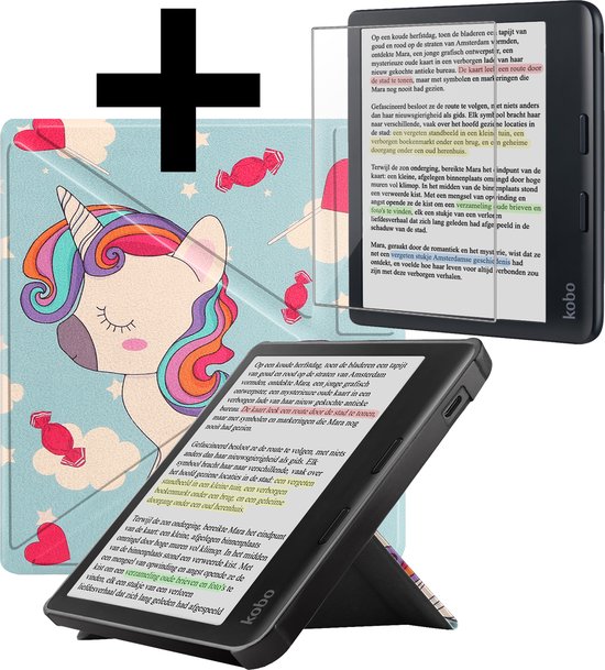 Hoesje Geschikt voor Kobo Libra Colour Hoes Bescherm Hoesje Case Sleep Cover Trifold Met Screenprotector - Hoes Geschikt voor Kobo Libra Colour Hoesje - Eenhoorn van Hoesje 