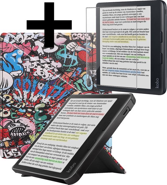 Hoesje Geschikt voor Kobo Libra Colour Hoes Bescherm Hoesje Case Sleep Cover Trifold Met Screenprotector - Hoes Geschikt voor Kobo Libra Colour Hoesje - Graffity van FBBULES
