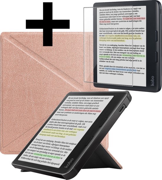 Hoesje Geschikt voor Kobo Libra Colour Hoes Bescherm Hoesje Case Sleep Cover Trifold Met Screenprotector - Hoes Geschikt voor Kobo Libra Colour Hoesje - Rosé Goud van Hoesje 