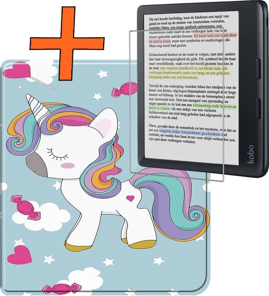 Hoesje Geschikt voor Kobo Libra Colour Hoes Book Case - Hoes Geschikt voor Kobo Libra Colour Hoesje Book Cover Met Screenprotector - Eenhoorn van Hoesje 