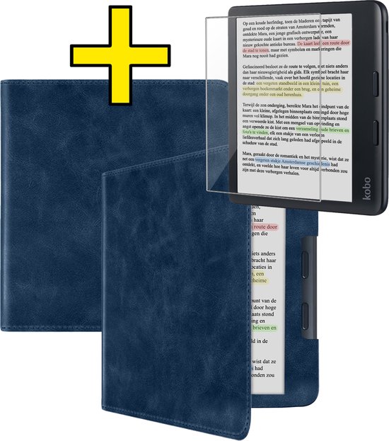 Hoesje Geschikt voor Kobo Libra Colour Hoes Leren Case Sleep Cover Leer Met Screenprotector - Hoes Geschikt voor Kobo Libra Colour Hoesje E-reader Leer – Donkerblauw van Hoesje 