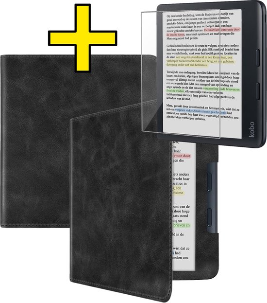 Hoesje Geschikt voor Kobo Libra Colour Hoes Leren Case Sleep Cover Leer Met Screenprotector - Hoes Geschikt voor Kobo Libra Colour Hoesje E-reader Leer - Zwart van Hoesje 