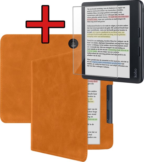 Hoesje Geschikt voor Kobo Libra Colour Hoesje Leer Luxe Bescherm Case Met Screenprotector - Hoes Geschikt voor Kobo Libra Colour Leren Hoes Book Cover - Bruin van Hoesje 