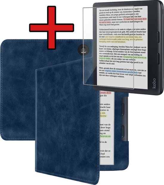 Hoesje Geschikt voor Kobo Libra Colour Hoesje Leer Luxe Bescherm Case Met Screenprotector - Hoes Geschikt voor Kobo Libra Colour Leren Hoes Book Cover - Donkerblauw van Hoesje 