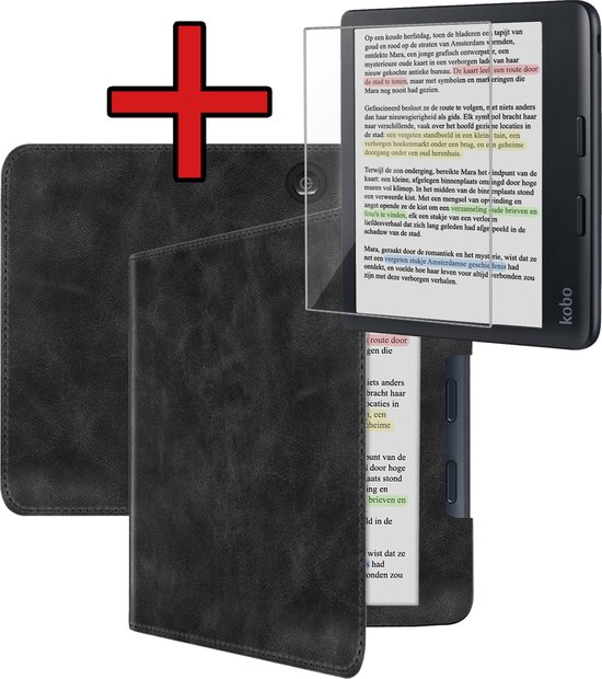 Hoesje Geschikt voor Kobo Libra Colour Hoesje Leer Luxe Bescherm Case Met Screenprotector - Hoes Geschikt voor Kobo Libra Colour Leren Hoes Book Cover - Zwart van Hoesje 