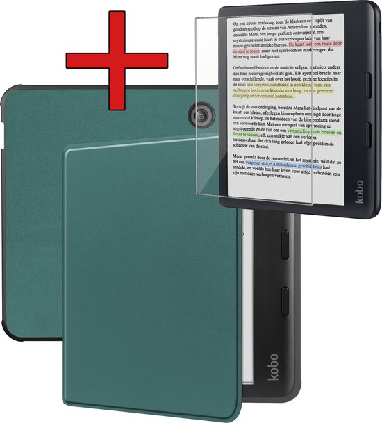 Hoesje Geschikt voor Kobo Libra Colour Hoesje Luxe Bescherm Case Met Screenprotector - Hoes Geschikt voor Kobo Libra Colour Hoes Book Cover - Donkergroen van Hoesje 