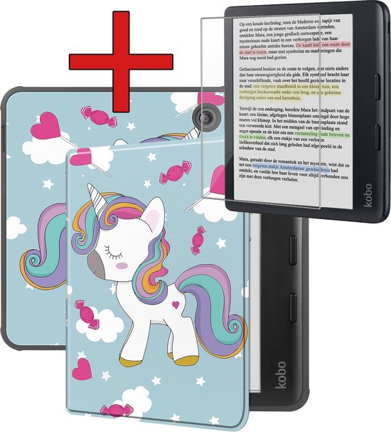 Hoesje Geschikt voor Kobo Libra Colour Hoesje Luxe Bescherm Case Met Screenprotector - Hoes Geschikt voor Kobo Libra Colour Hoes Book Cover - Eenhoorn van Hoesje 