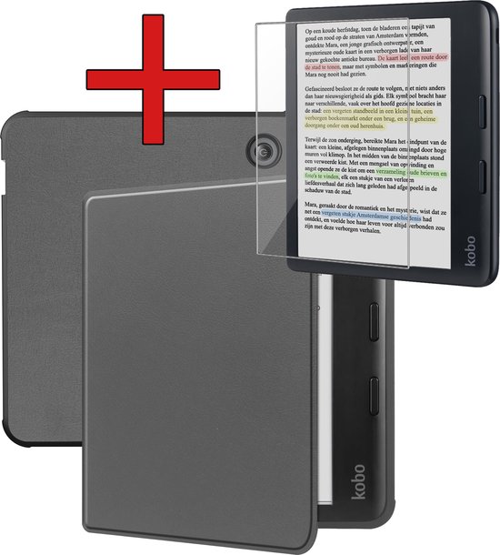 Hoesje Geschikt voor Kobo Libra Colour Hoesje Luxe Bescherm Case Met Screenprotector - Hoes Geschikt voor Kobo Libra Colour Hoes Book Cover - Grijs van Hoesje 