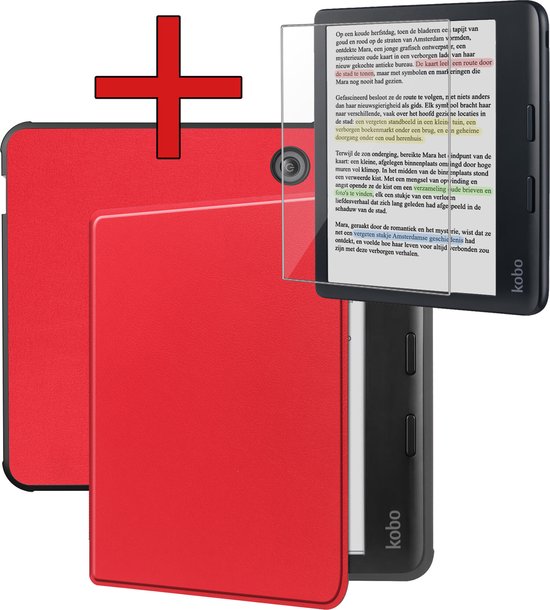 Hoesje Geschikt voor Kobo Libra Colour Hoesje Luxe Bescherm Case Met Screenprotector - Hoes Geschikt voor Kobo Libra Colour Hoes Book Cover - Rood van Hoesje 