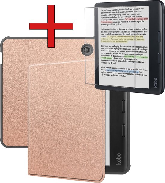 Hoesje Geschikt voor Kobo Libra Colour Hoesje Luxe Bescherm Case Met Screenprotector - Hoes Geschikt voor Kobo Libra Colour Hoes Book Cover - Rosé Goud van Hoesje 