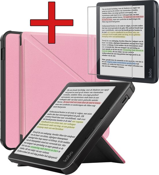 Hoesje Geschikt voor Kobo Libra Colour Hoesje Luxe Bescherm Case Met Screenprotector - Hoes Geschikt voor Kobo Libra Colour Hoes Book Cover - Roze van Merkloos