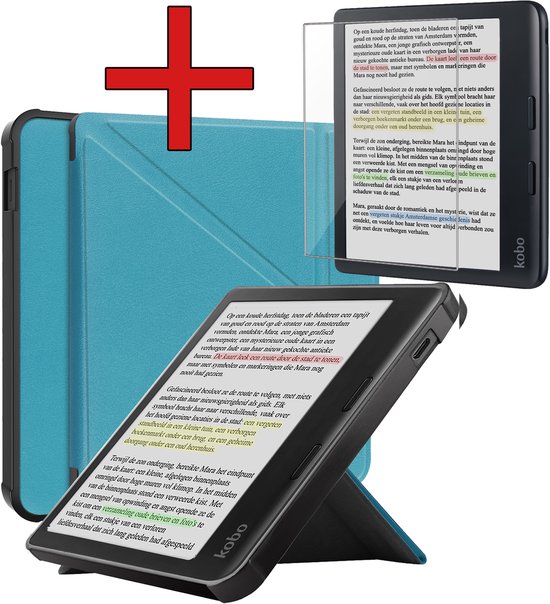 Hoesje Geschikt voor Kobo Libra Colour Hoesje Luxe Bescherm Case Met Screenprotector - Hoes Geschikt voor Kobo Libra Colour Hoes Book Cover - Turquoise van Merkloos