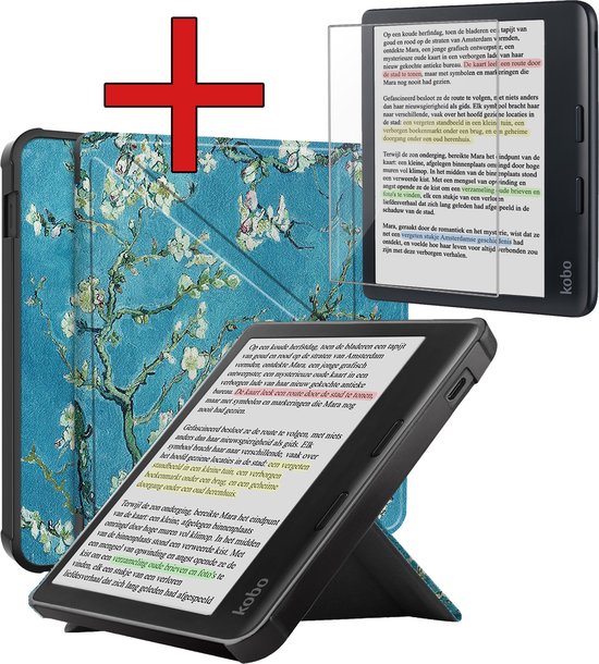Hoesje Geschikt voor Kobo Libra Colour Hoesje Luxe Bescherm Case Trifold Met Screenprotector - Hoes Geschikt voor Kobo Libra Colour Hoes Book Cover - Bloesem van Hoesje 