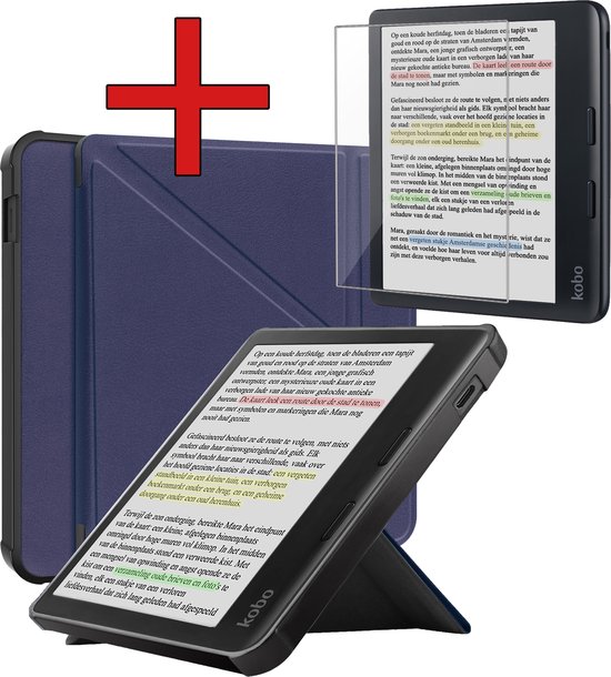 Hoesje Geschikt voor Kobo Libra Colour Hoesje Luxe Bescherm Case Trifold Met Screenprotector - Hoes Geschikt voor Kobo Libra Colour Hoes Book Cover - Donkerblauw van Hoesje 
