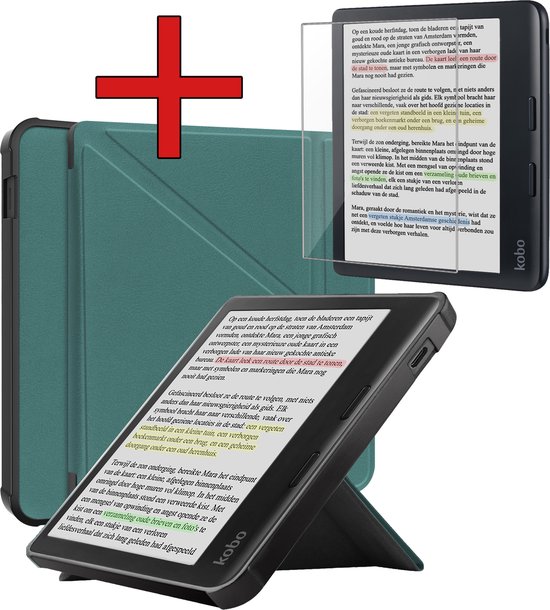 Hoesje Geschikt voor Kobo Libra Colour Hoesje Luxe Bescherm Case Trifold Met Screenprotector - Hoes Geschikt voor Kobo Libra Colour Hoes Book Cover - Donkergroen van Hoesje 