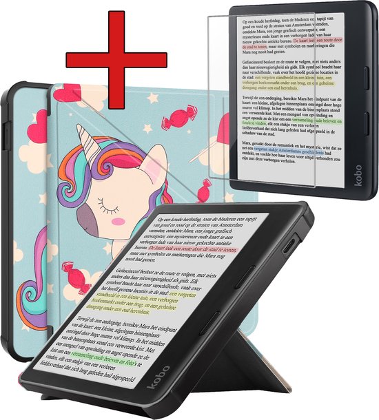 Hoesje Geschikt voor Kobo Libra Colour Hoesje Luxe Bescherm Case Trifold Met Screenprotector - Hoes Geschikt voor Kobo Libra Colour Hoes Book Cover - Eenhoorn van Hoesje 