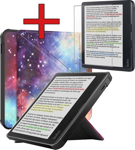 Hoesje Geschikt voor Kobo Libra Colour Hoesje Luxe Bescherm Case Trifold Met Screenprotector - Hoes Geschikt voor Kobo Libra Colour Hoes Book Cover - Galaxy van Hoesje 