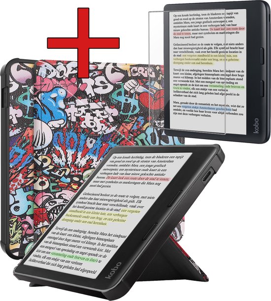 Hoesje Geschikt voor Kobo Libra Colour Hoesje Luxe Bescherm Case Trifold Met Screenprotector - Hoes Geschikt voor Kobo Libra Colour Hoes Book Cover - Graffity van Hoesje 
