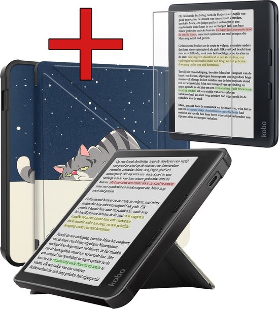 Hoesje Geschikt voor Kobo Libra Colour Hoesje Luxe Bescherm Case Trifold Met Screenprotector - Hoes Geschikt voor Kobo Libra Colour Hoes Book Cover - Kat van Hoesje 