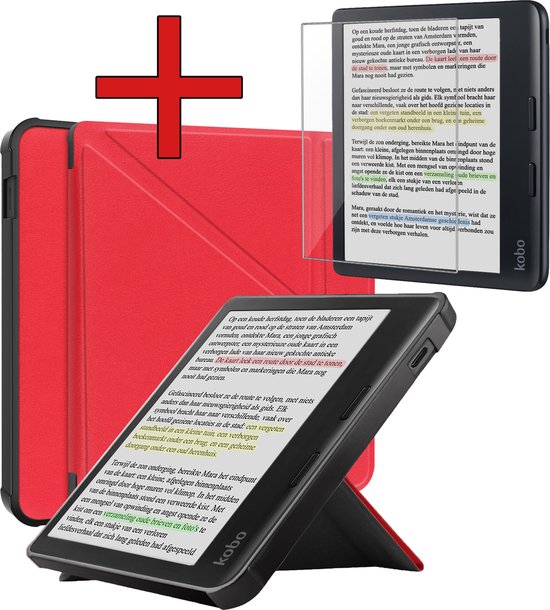 Hoesje Geschikt voor Kobo Libra Colour Hoesje Luxe Bescherm Case Trifold Met Screenprotector - Hoes Geschikt voor Kobo Libra Colour Hoes Book Cover - Rood van Hoesje 