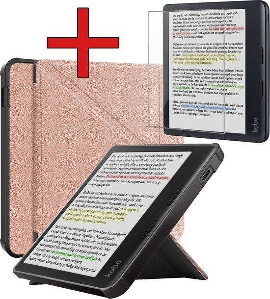 Hoesje Geschikt voor Kobo Libra Colour Hoesje Luxe Bescherm Case Trifold Met Screenprotector - Hoes Geschikt voor Kobo Libra Colour Hoes Book Cover - Rosé Goud van Hoesje 