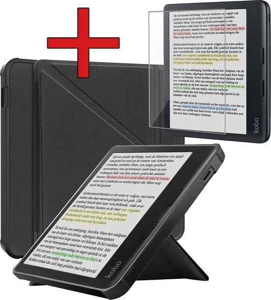 Hoesje Geschikt voor Kobo Libra Colour Hoesje Luxe Bescherm Case Trifold Met Screenprotector - Hoes Geschikt voor Kobo Libra Colour Hoes Book Cover - Zwart van Hoesje 