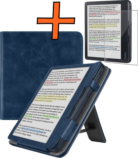 Hoesje Geschikt voor Kobo Libra Colour Lederen Hoes Book Case Met Screenprotector - Hoes Geschikt voor Kobo Libra Colour Hoesje Book Cover Leer - Donkerblauw van Hoesje 
