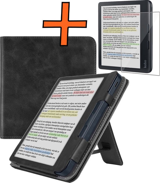 Hoesje Geschikt voor Kobo Libra Colour Lederen Hoes Book Case Met Screenprotector - Hoes Geschikt voor Kobo Libra Colour Hoesje Book Cover Leer - Zwart van Hoesje 