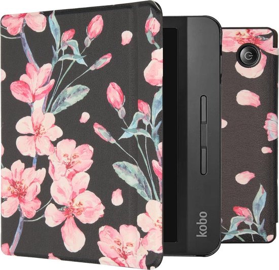 Hoesje geschikt voor Kobo Libra H2O E-reader - iMoshion Design Slim Hard Case Bookcase - Blossom Watercolor Black van iMoshion