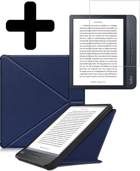 Hoesje Geschikt voor Kobo Libra H2O Hoes Bescherm Hoesje Case Sleep Cover Trifold Met Screenprotector - Hoes Geschikt voor Kobo Libra H2O Hoesje - Donkerblauw van Fexcom