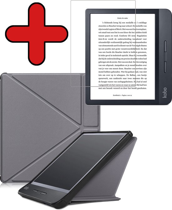 Hoesje Geschikt voor Kobo Libra H2O Hoesje Luxe Bescherm Case Trifold Met Screenprotector - Hoes Geschikt voor Kobo Libra H2O Hoes Book Cover - Grijs van Hoesje 