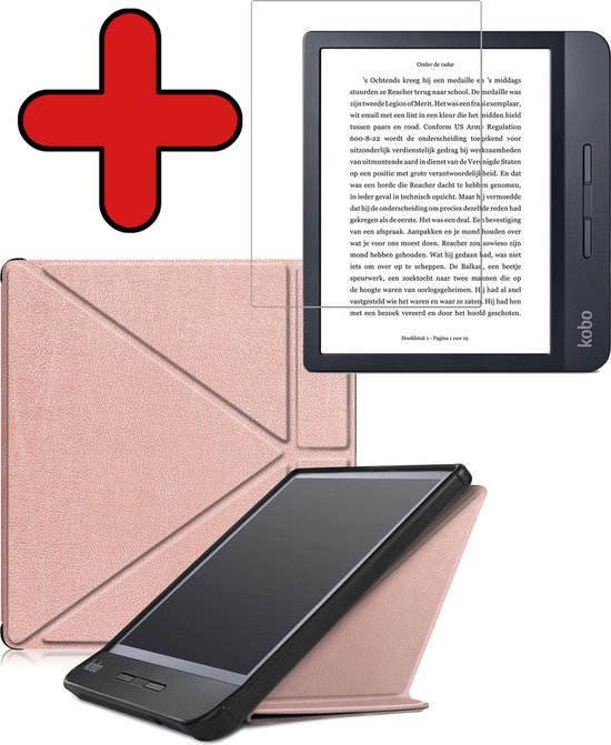 Hoesje Geschikt voor Kobo Libra H2O Hoesje Luxe Bescherm Case Trifold Met Screenprotector - Hoes Geschikt voor Kobo Libra H2O Hoes Book Cover - Rosé Goud van Hoesje 