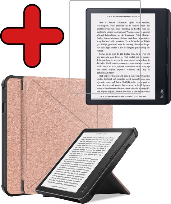 Hoesje Geschikt voor Kobo Sage Hoesje Luxe Bescherm Case Trifold Met Screenprotector - Hoes Geschikt voor Kobo Sage Hoes Book Cover - Rosé Goud van Ecarter