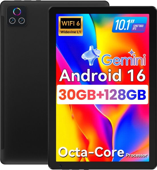 Hotlight X109 Tablet - Android 16 Tablet - Gemini AI - 30GB RAM+128GB ROM - Octa Core - 10.1 inch - 1280x800 FHD+IPS - 5000mAh - 5G WiFi - Widevine L1 - Zwart van Merkloos