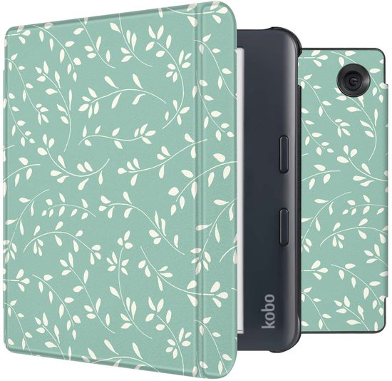 imoshion E-reader Hoesje - Geschikt voor Kobo Libra Colour - Design Slim Hard Case Sleepcover Bookcase met stand - Smoke Green Flowers van iMoshion