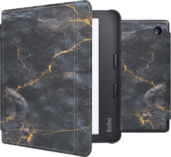 iMoshion Ereader Cover / Hoesje Geschikt voor Kobo Libra 2 / Tolino Vision 6 - iMoshion Design Slim Hard Case Sleepcover Bookcase met stand - Zwart / Black Marble van iMoshion
