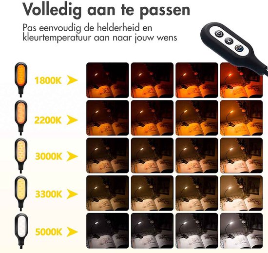 imoshion LED Leeslamp - Leeslampje voor Boek met Klem - Klemlamp met 5 Lichtstanden - Oplaadbaar Leeslampje voor in Bed - Zwart van Merkloos