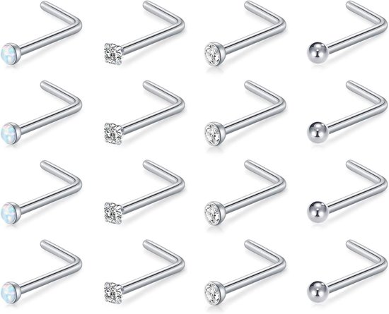 Incaton 18G L Vormige Neus Stud Rvs 1.5-3mm Opaal & CZ & Bal L Neus Studs Neusgat Piercing Sieraden, 18G, 7mm, 1.5mm, Metaal