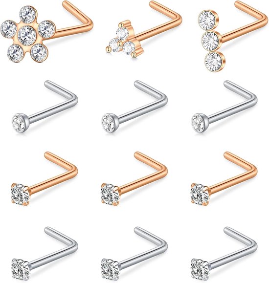 Incaton 18G L Vormige Neus Stud Rvs 1.5-3mm Opaal & CZ & Bal L Neus Studs Neusgat Piercing Sieraden, Roestvrij staal