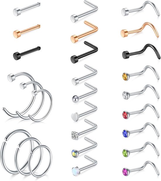 incaton Neuspiercing, roestvrij staal, voor dames en heren, neuspiercing, neusringen, stud L/schroef, neuspiercing, zilver, roségoud, zwart