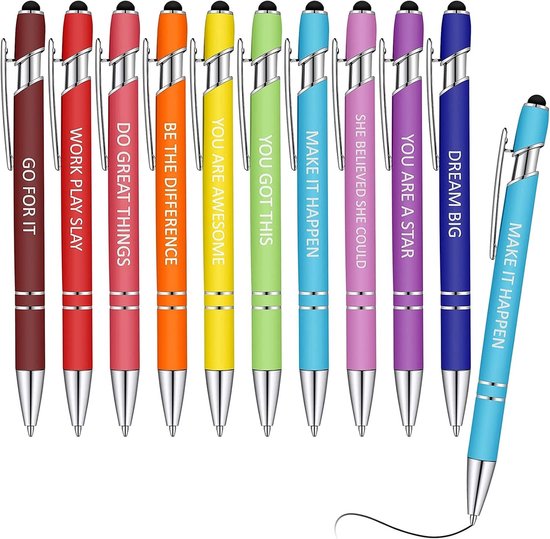 Inspirerende Balpen Set van 10 Stuks met Motivatie Citaten en Touchscreen Stylus - Perfect voor Kantoor en Desk Medewerkers met Zwarte Inkt