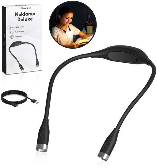 Ironridge® Neklamp - Nek Leeslamp - LED Leeslampje - Flexibele LED Leeslamp - Neklampje voor haakwerk - Bedlamp - USB-C Oplaadbaar leeslampje - 3 Lichtkleuren - Zwart van Ironridge®