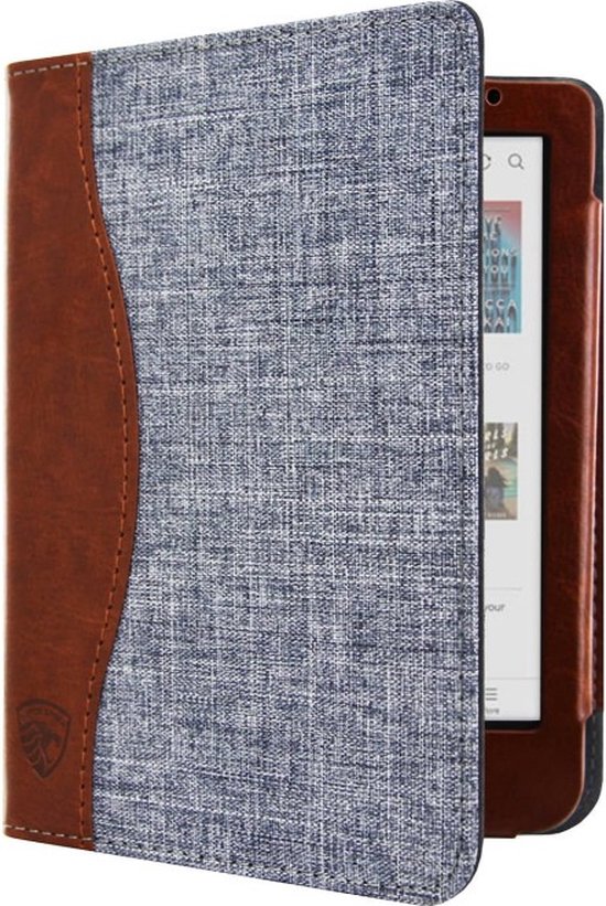 Jeans Hoesje - Sleepcover Geschikt voor Kobo Clara Colour - Book Case Hoes Cover - Grijs / Cognac - ereader hoesje - cover van Case24