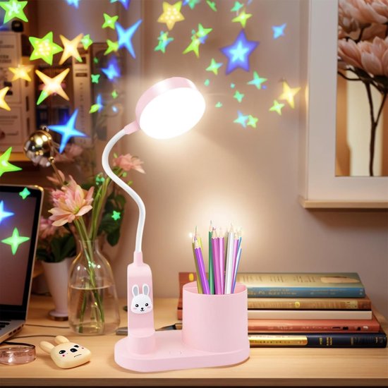 Kinderbureaulamp, dimbare LED-bedlamp, leeslamp met projector en pennenhouder, oplaadbare, draagbare bureaulamp voor studenten, slaapzalen en studeerkamers. van Aigostar