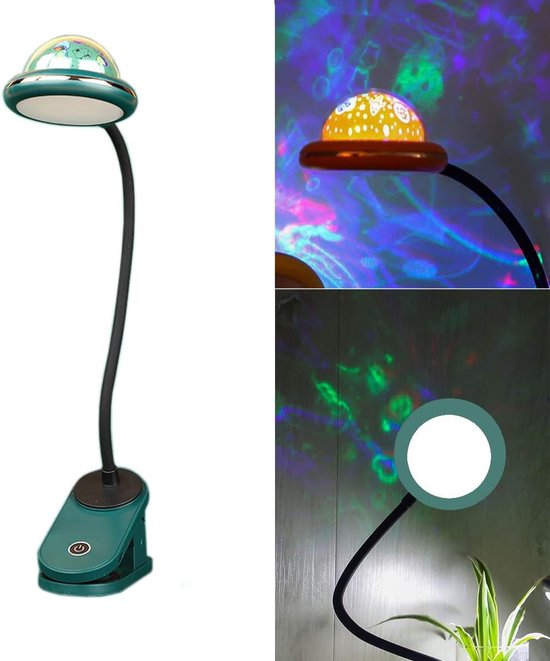 Kinderklemlamp, USB oplaadbare LED-klemleeslamp met sterprojectie, 4000k 360° aanraakgevoelige zwanenhalslamp voor op het nachtkastje, klemnachtlampje met ster (groen). van Merkloos