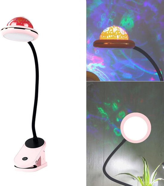 Kinderklemlamp, USB oplaadbare LED-klemleeslamp met sterprojectie, 4000k 360° aanraakverstelbare zwanenhalslamp voor op het nachtkastje, klemnachtlampje met ster (roze). van Merkloos