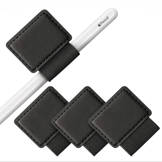 Klevende Penhouder 4-Pack Zwart– Geschikt voor Apple Pencil, dagboeken, notitieboeken, enz. – Duurzame, elastische penlus van PU-leer met zelfklevende 3M-achterzijde.