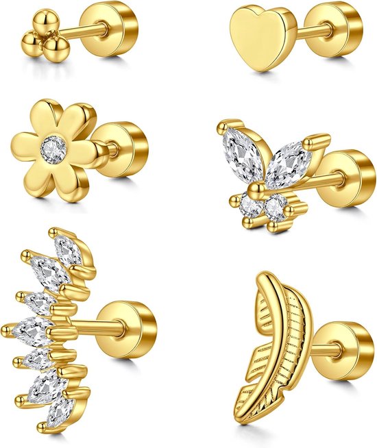 Kraakbeen-oorbellen met platte achterkant, 20G, roestvrij staal, 6 mm oorpiercing, oorbellen, oorstekers, helix tragus piercingsieraden