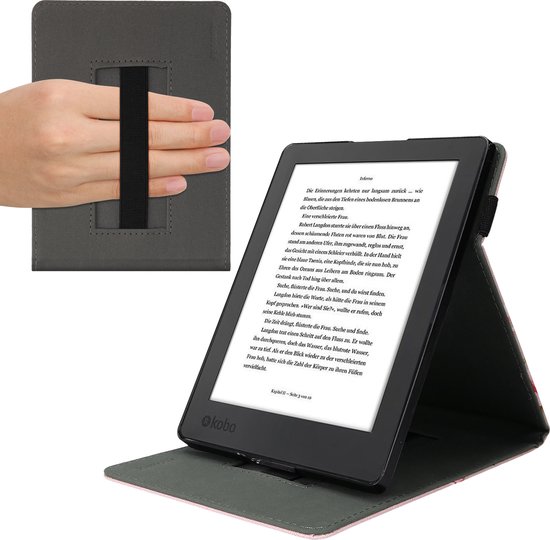 kwmobile case geschikt voor met Kobo Aura H2O Edition 2 - E reader cover van kunstleer - In poederroze / wit / oudroze Magnolia design van Merkloos