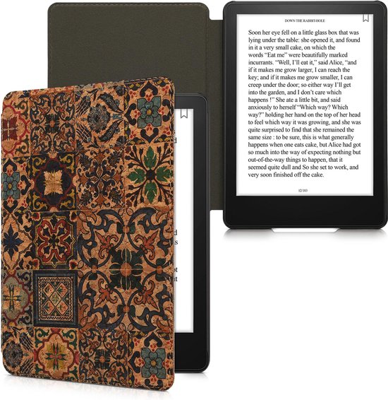 kwmobile Cork Case Compatible with Amazon Kindle Paperwhite 11. Generation 2021 - Book Style Protective e-Reader Flip Cover Folio Case - Pattern Brown / Blue / Red